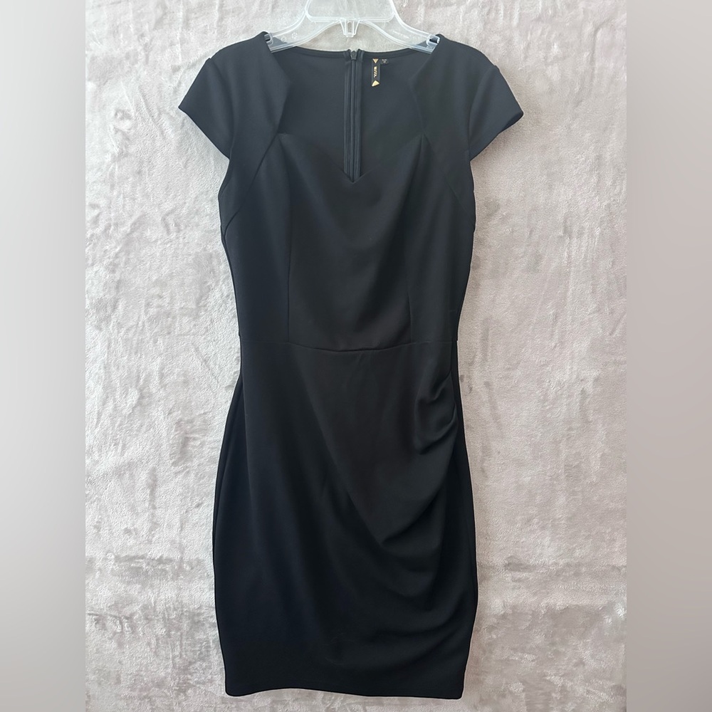 Miusol‎ Dress Medium Black Cap-Sleeve Sheath Pencil Rushed V-Neck Dress